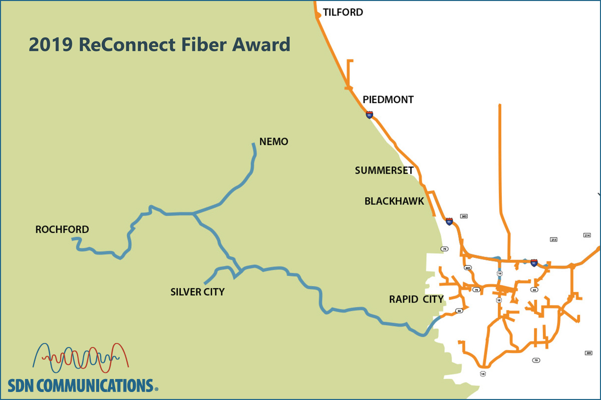 Map showing blue lines west of Rapid City to depict the ReConnect fiber route to be built by SDN Communications.