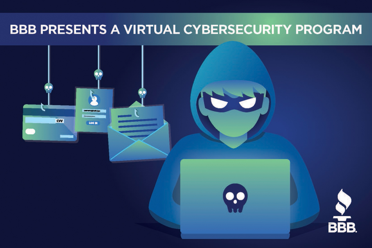 BBB Presents a virtual cybersecurity program graphic with hacker