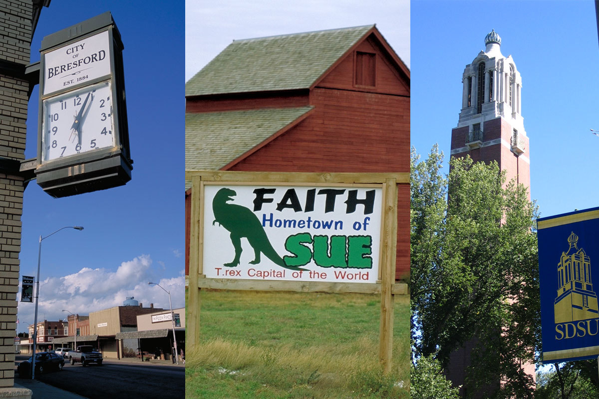 City of Beresford, Faith's Sue the dinosaur sign and the campanile at SDSU