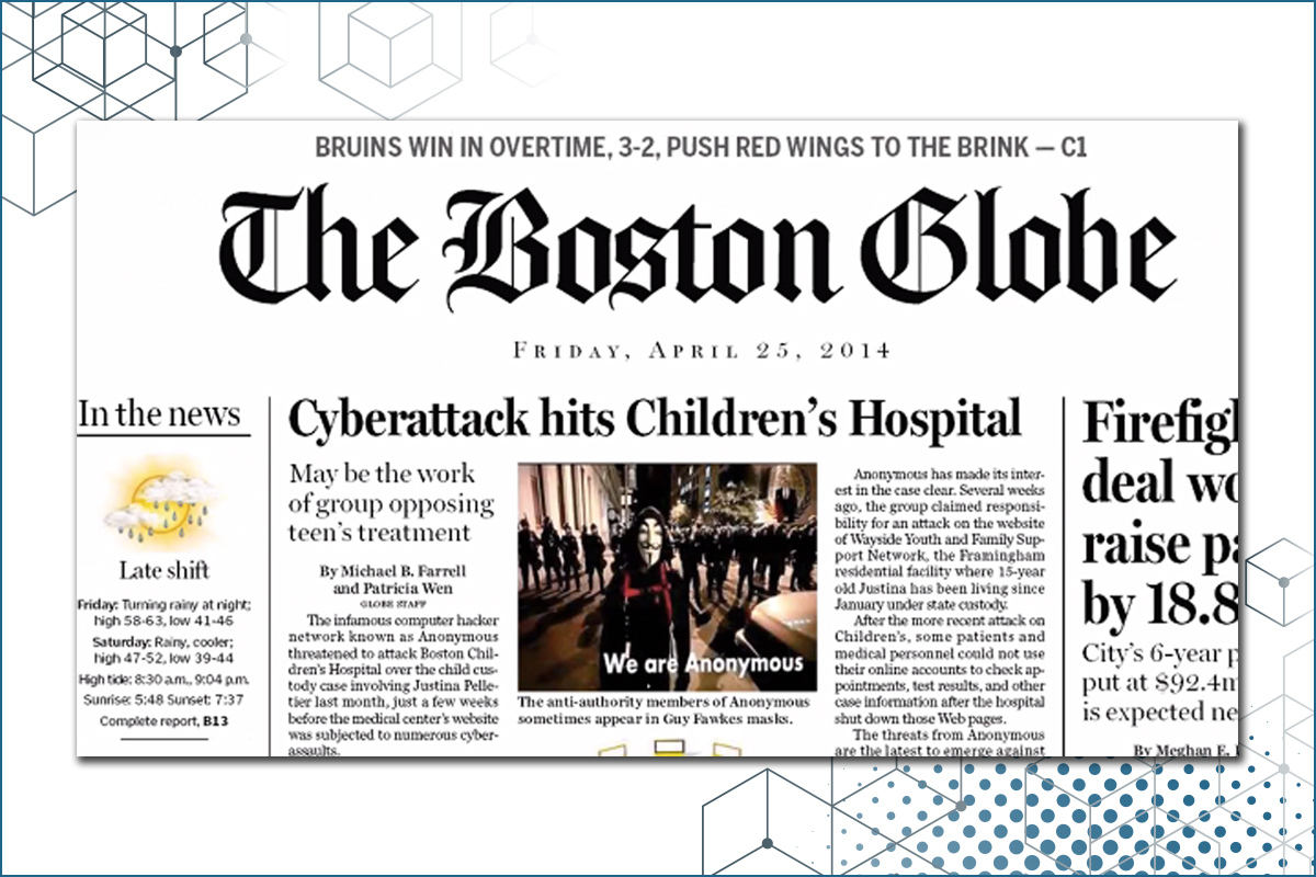 Boston Globe newspaper front page headline: Cyberattack hits Children's Hospital