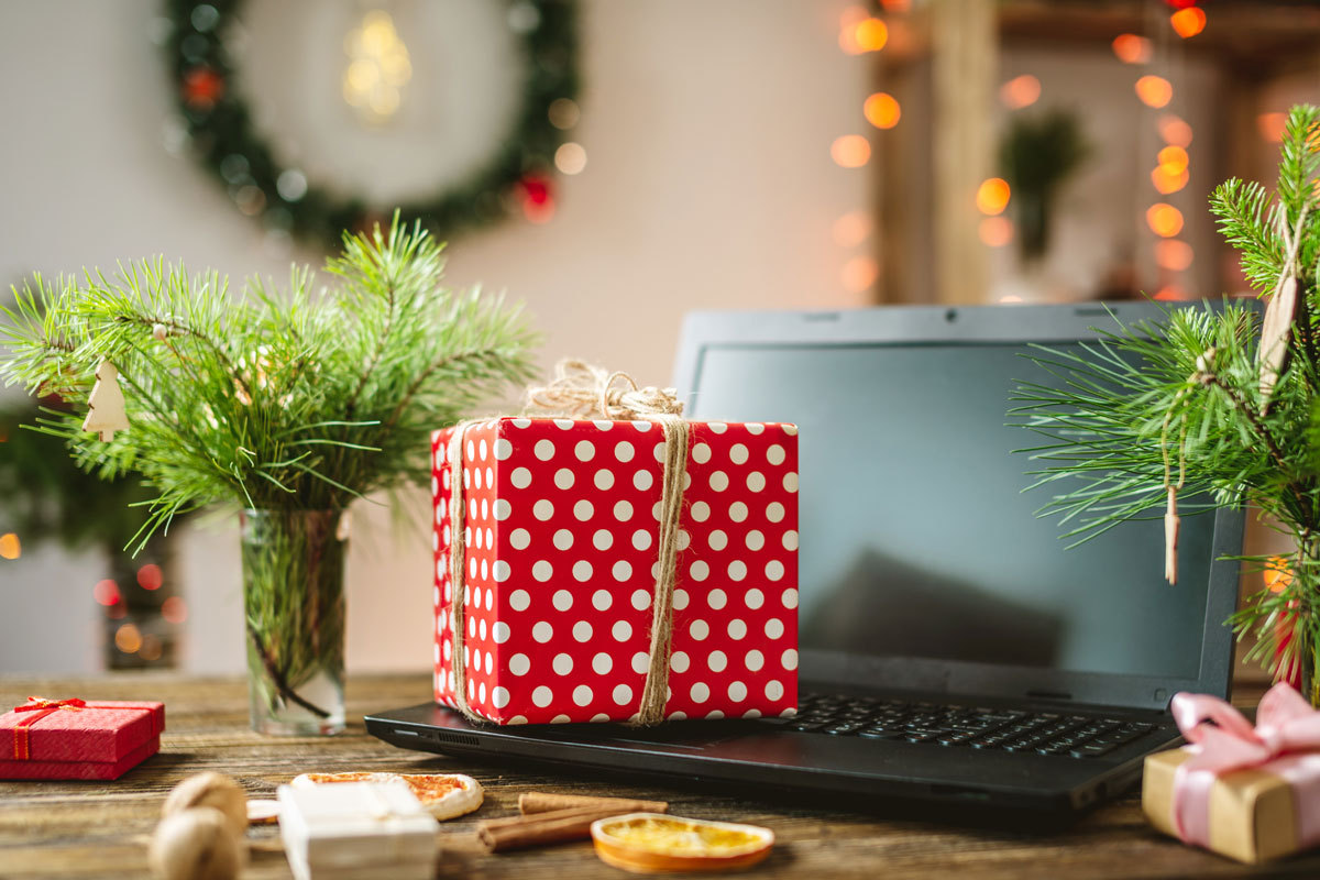 Christmas-themed present on laptop