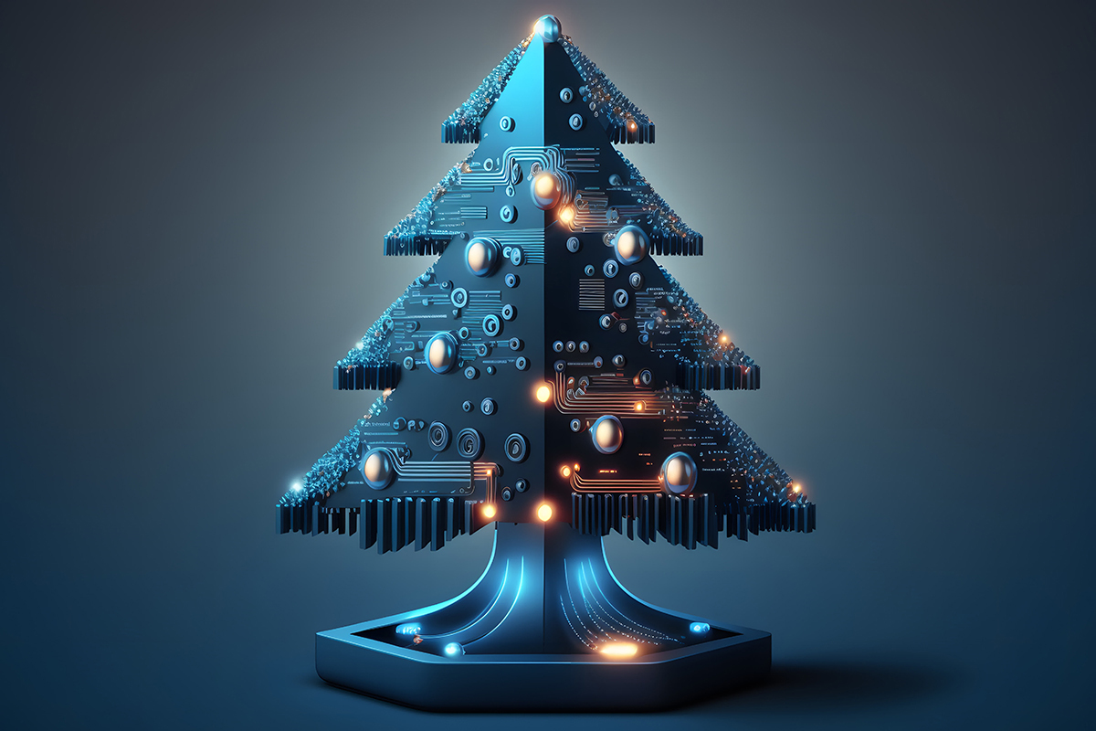 Illustration of a Christmas tree with high-tech wires and lights on it.