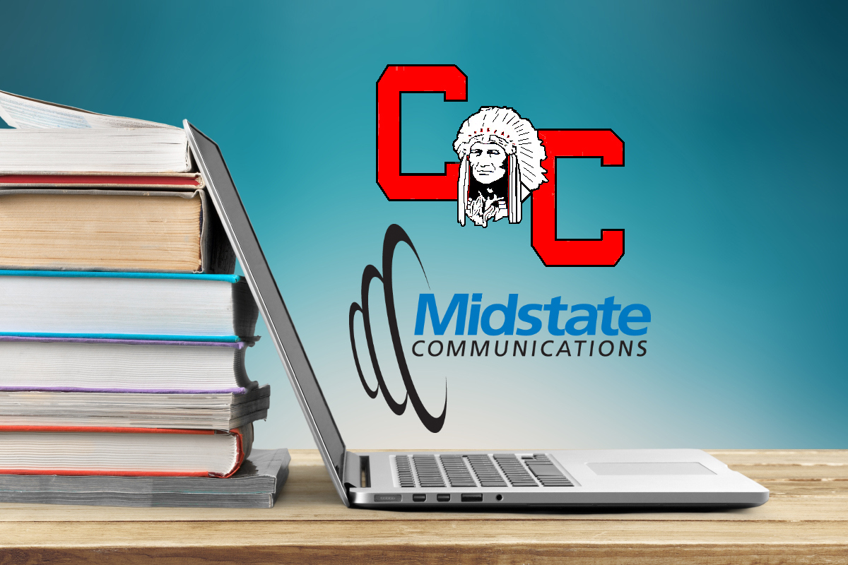 Stack of books with laptop computer and logos for Crow Creek Tribal School and Midstate Communications