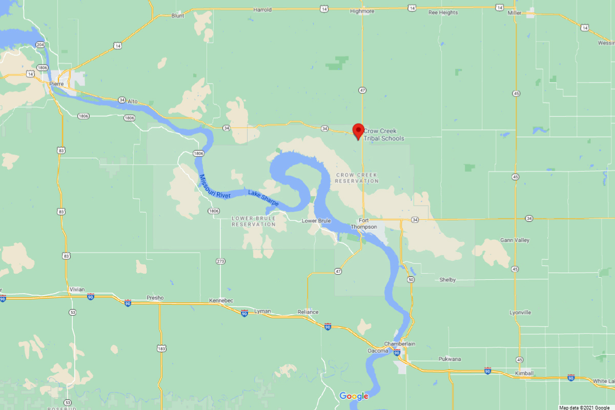 map showing location of Crow Creek Tribal School in relation to larger towns
