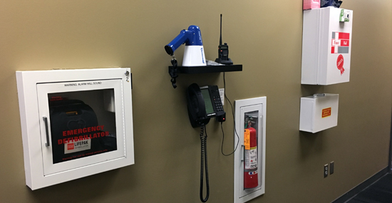 Emergency Response Station with AED, Phone, first aid, megaphone, walkietalkie