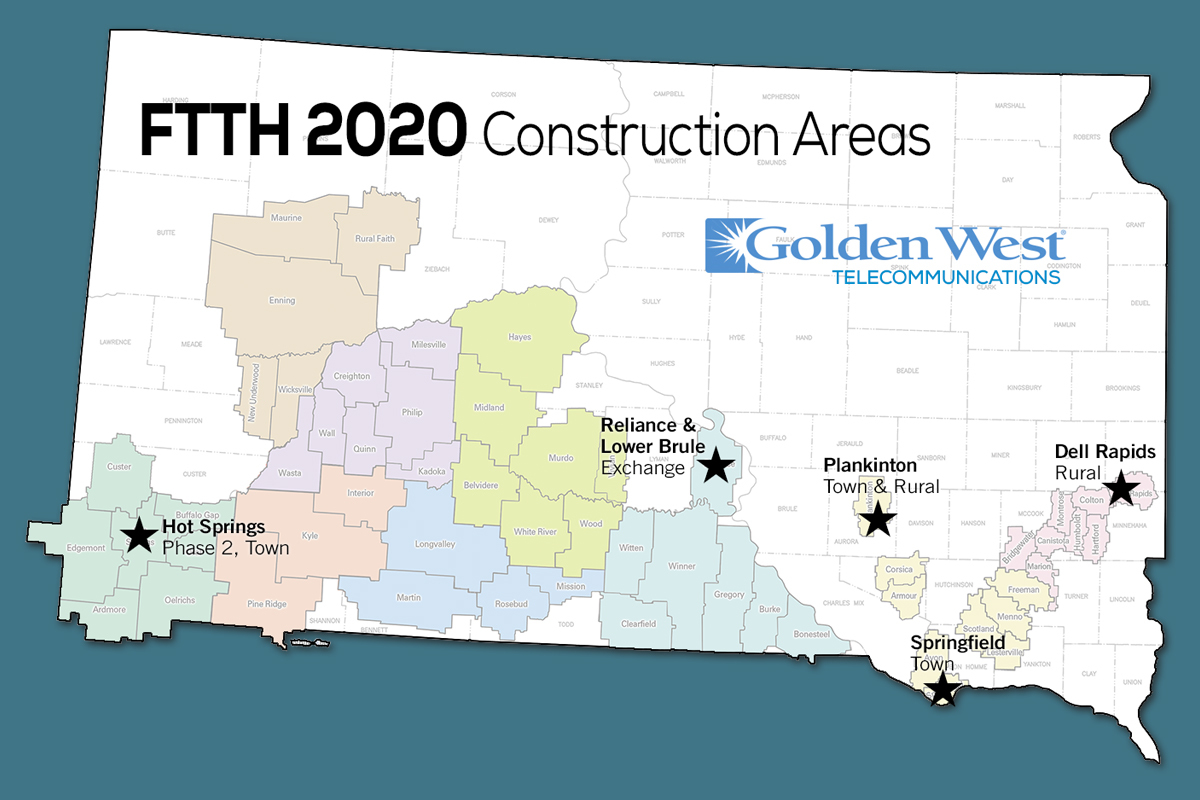 Map of Golden West's 2020 Fiber to the home projects
