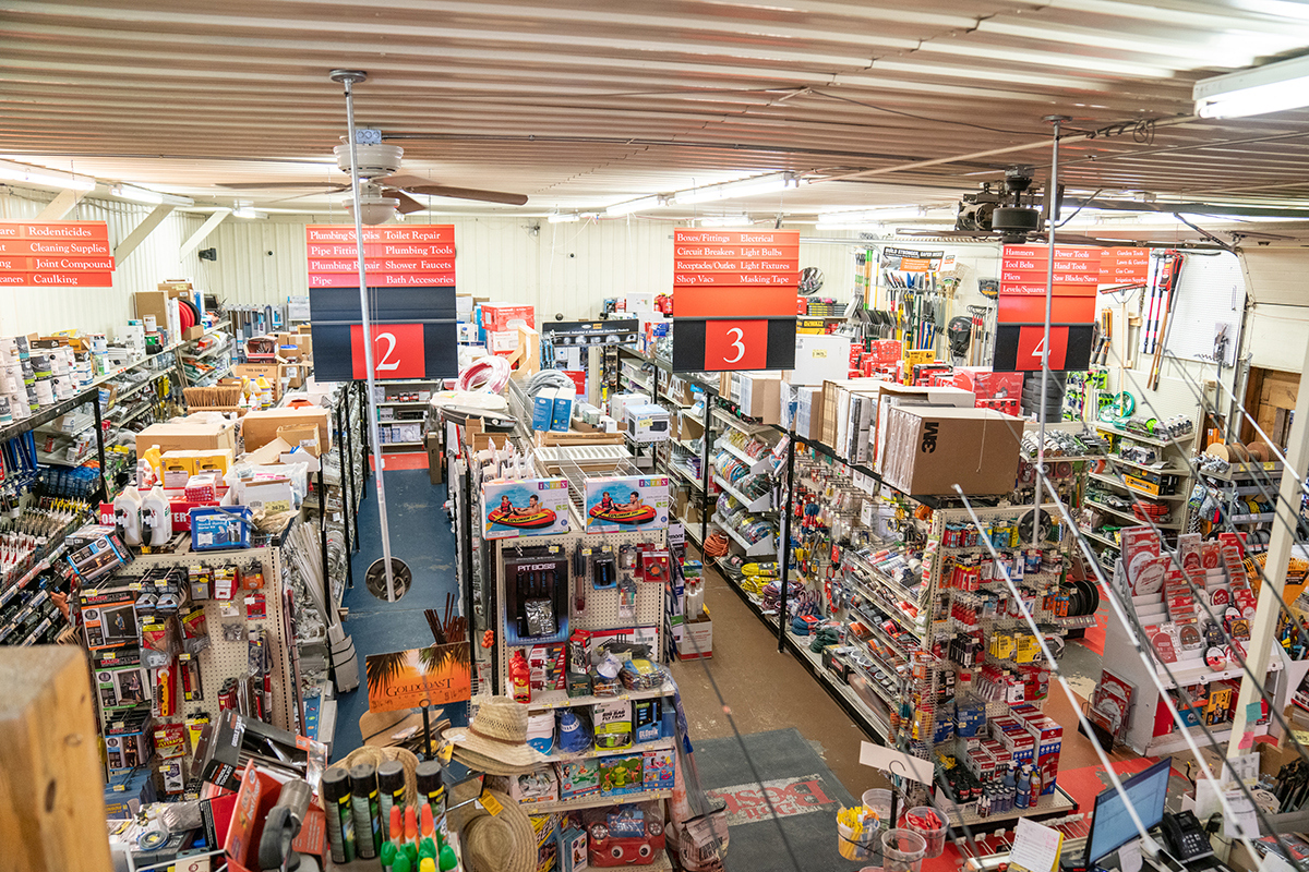 Hardware supplies and equipment for rent in a hardware store.