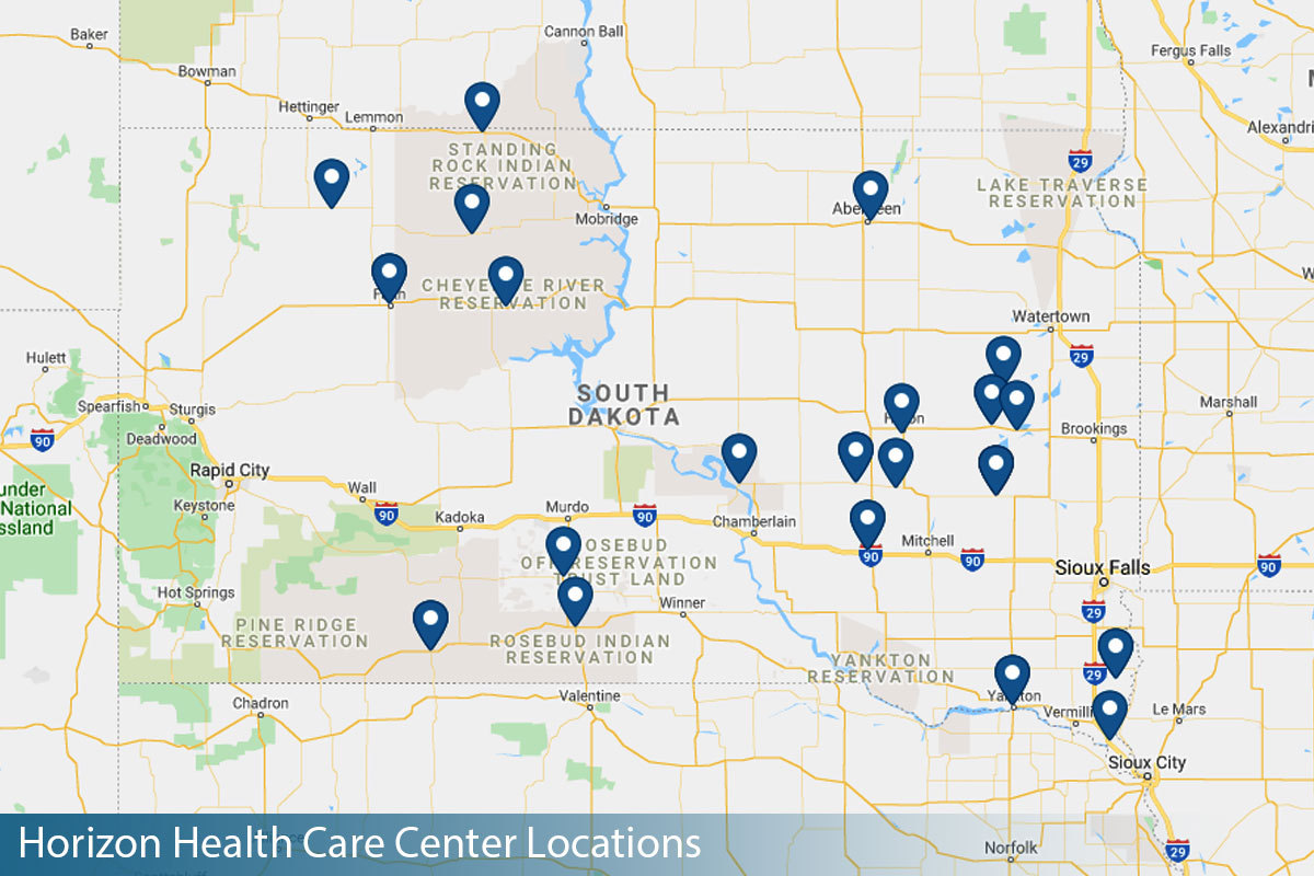 Map of Horizon Health Care Center locations across South Dakota
