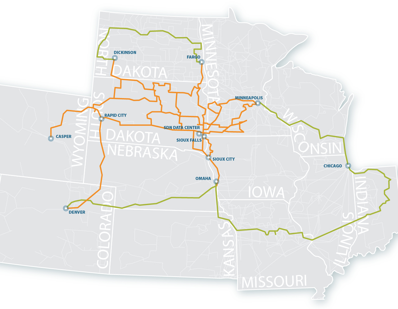 SDN Communications fiber internet map with routes in North Dakota, Minnesota, South Dakota, Nebraska and other states in the region.