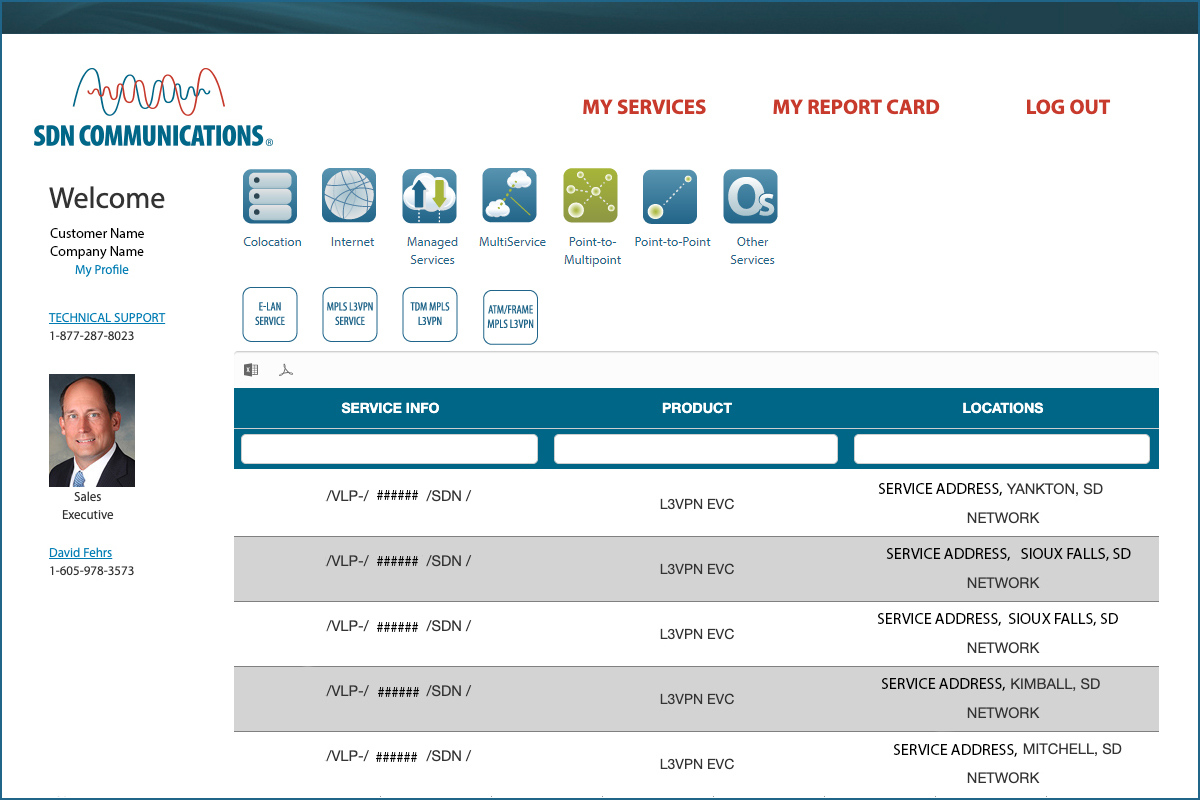 An example of the My Services section of the SDN Customer Portal