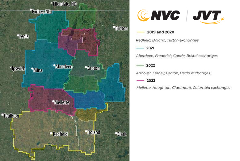 A map of a part of South Dakota showing the coverage area of Northern Valley Communications and James Valley Telecommunications