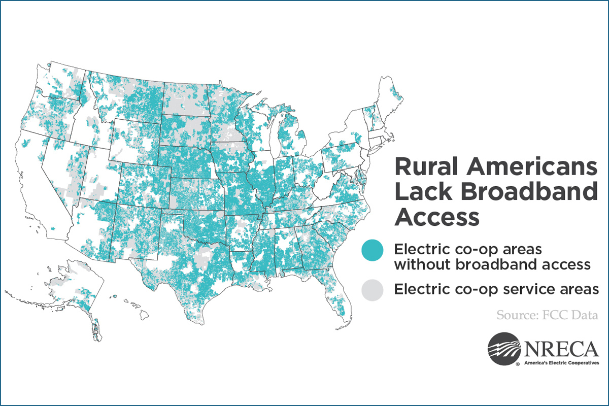 NRECA's map showing areas of rural americans lacking broadband
