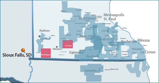 Map of new SDN Communications members in the St. James and Worthington areas