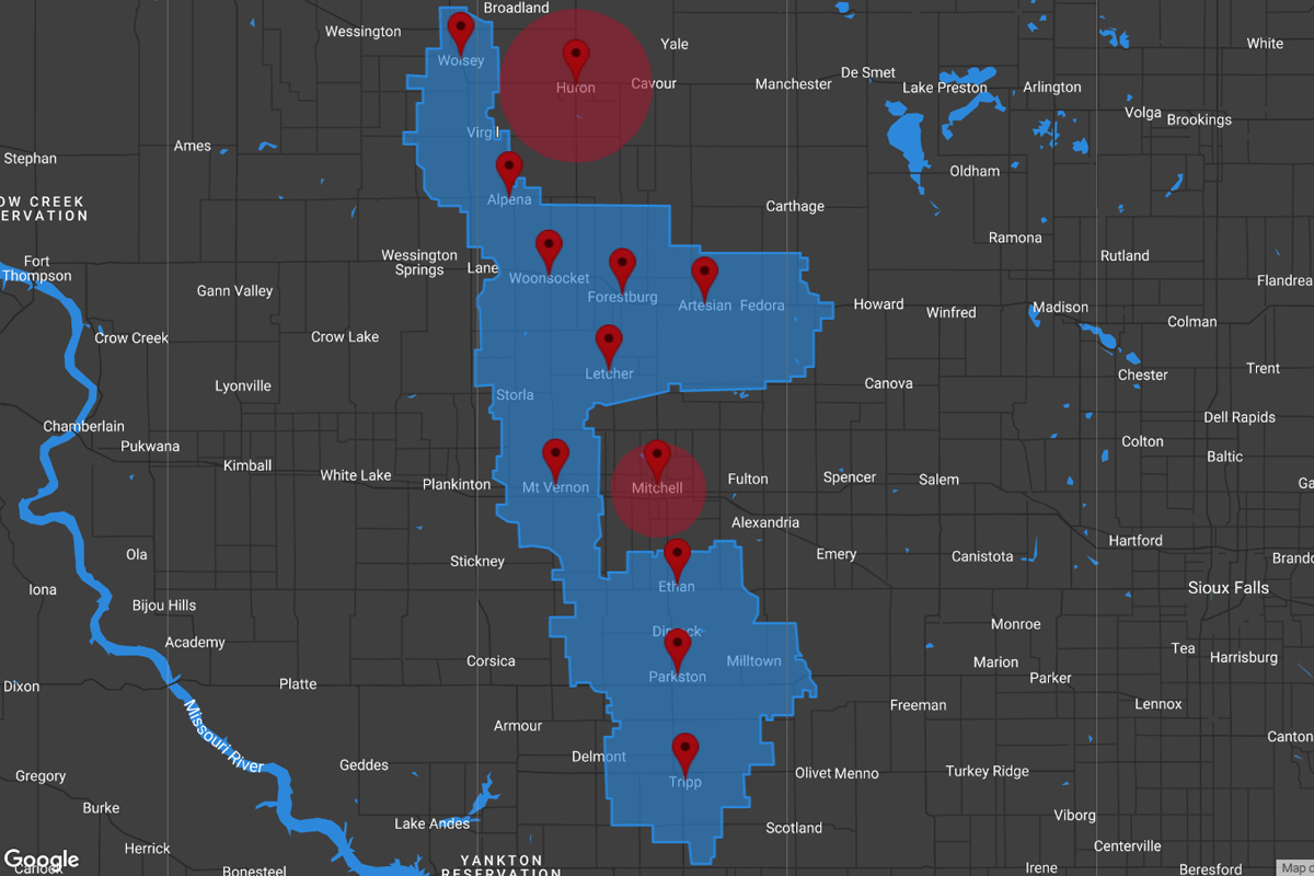 Map of Santel Communications territory in South Dakota