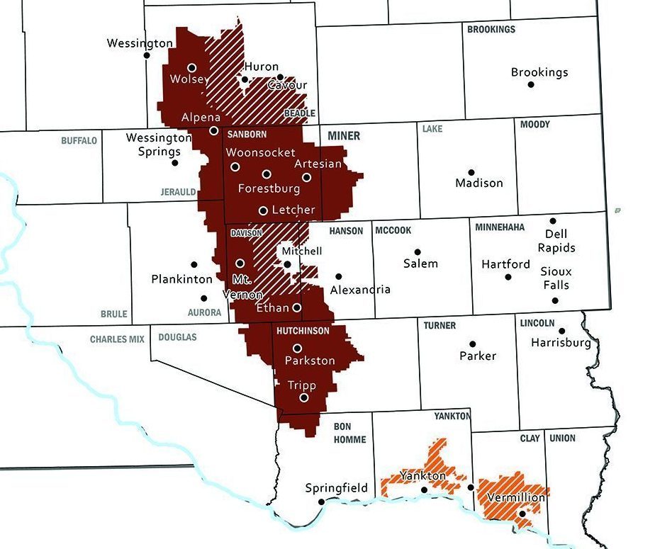 Map of Santel Communications coverage area in eastern South Dakota