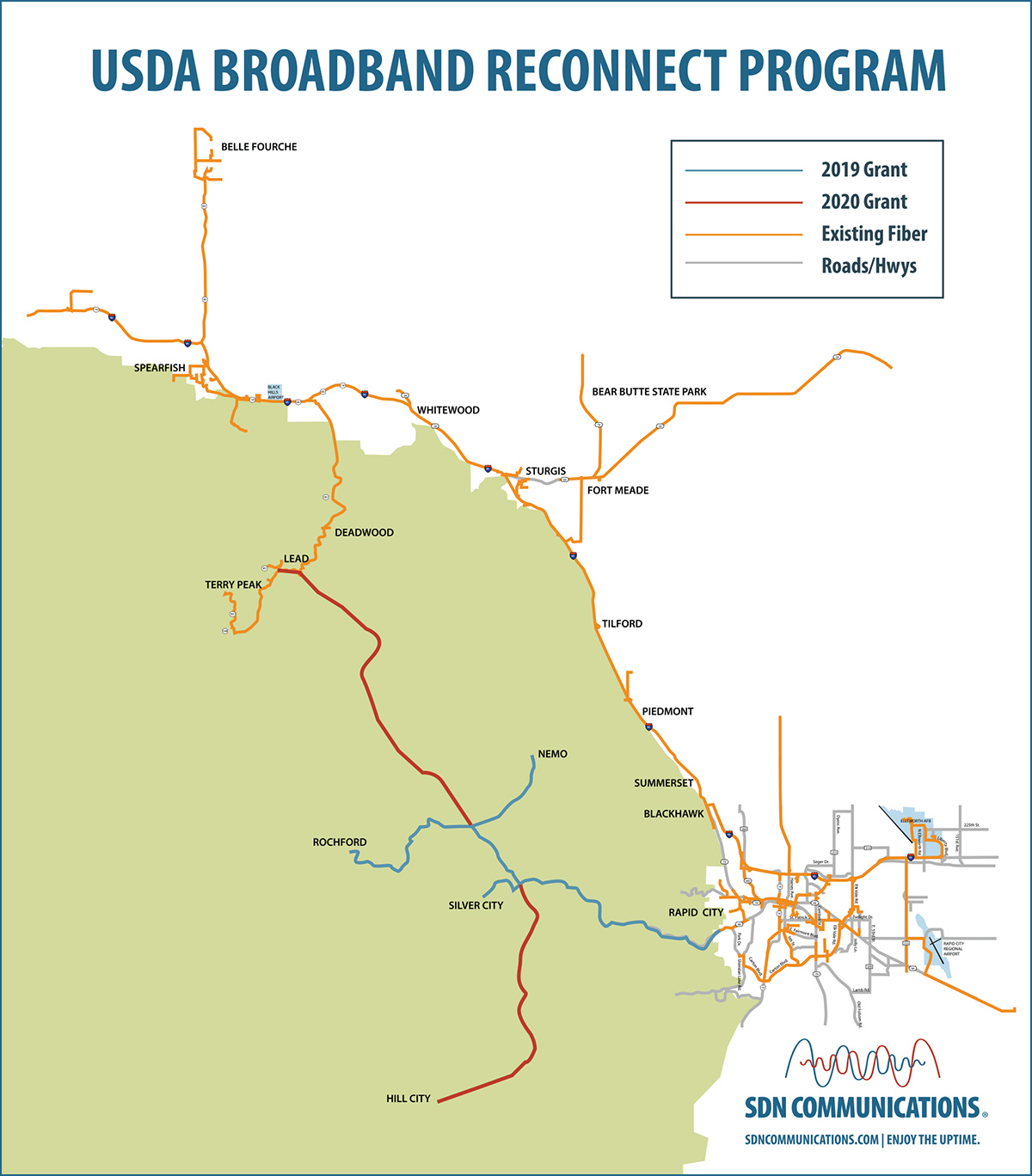 Map of the 2019 & 2020 ReConnect proposed fiber routes through the Black Hills