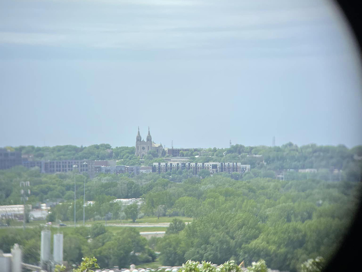 The Cathedral of Saint Joseph in Sioux Falls is shown the perception of a viewfinder.