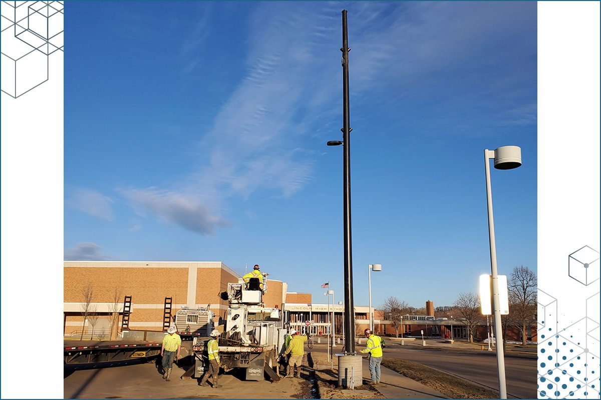Small cell pole ready for equipment at Lincoln High School