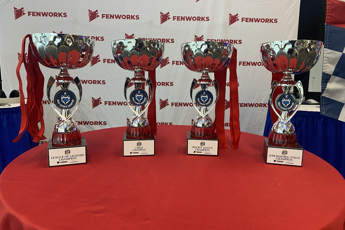 South Dakota esports state tournament trophies on a table.