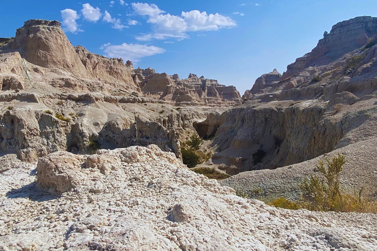 The rough landscape and rocky terrain of Badlands National Park in South Dakota