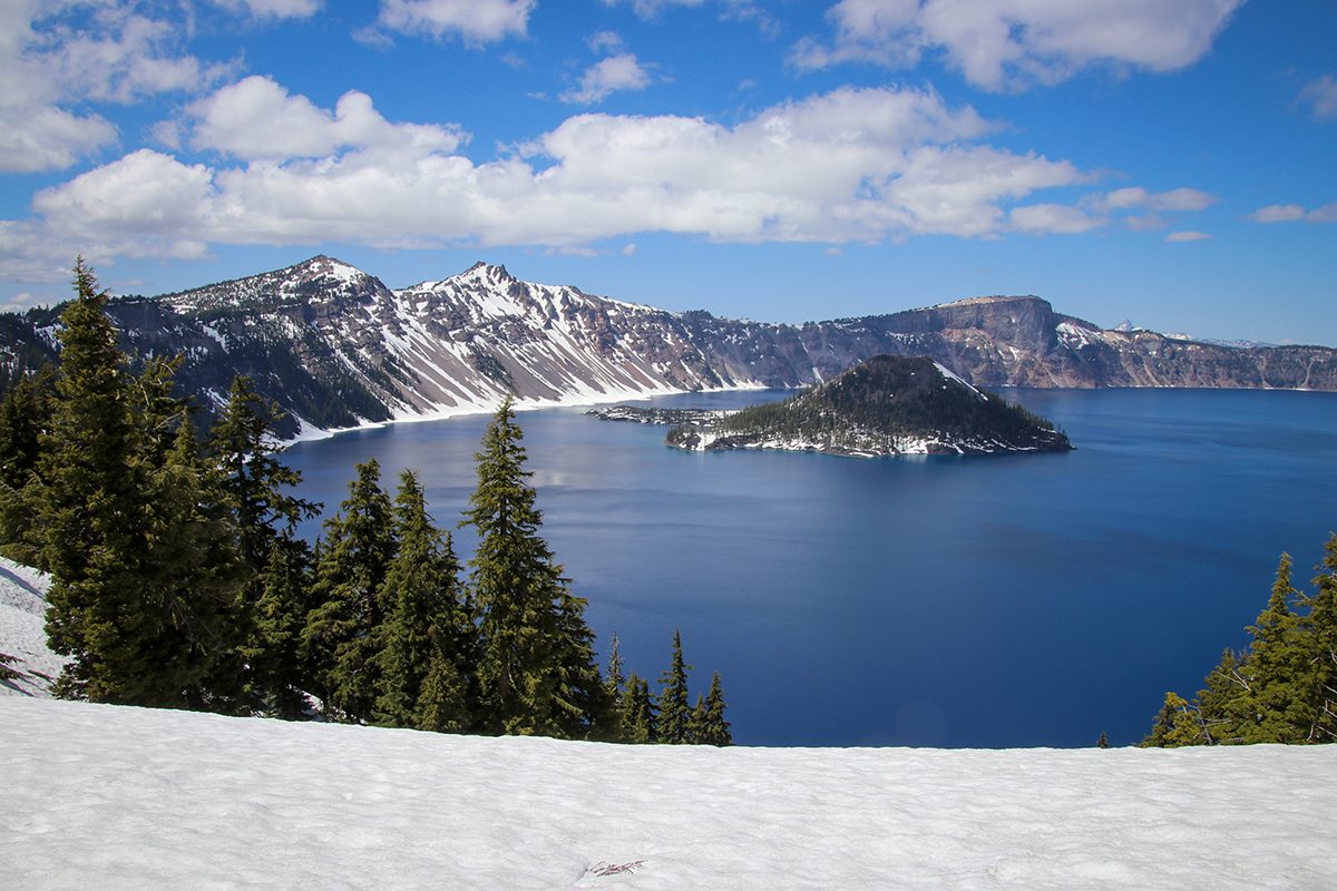 An island in the center of a lake at Crater Lake National Park in Oregon