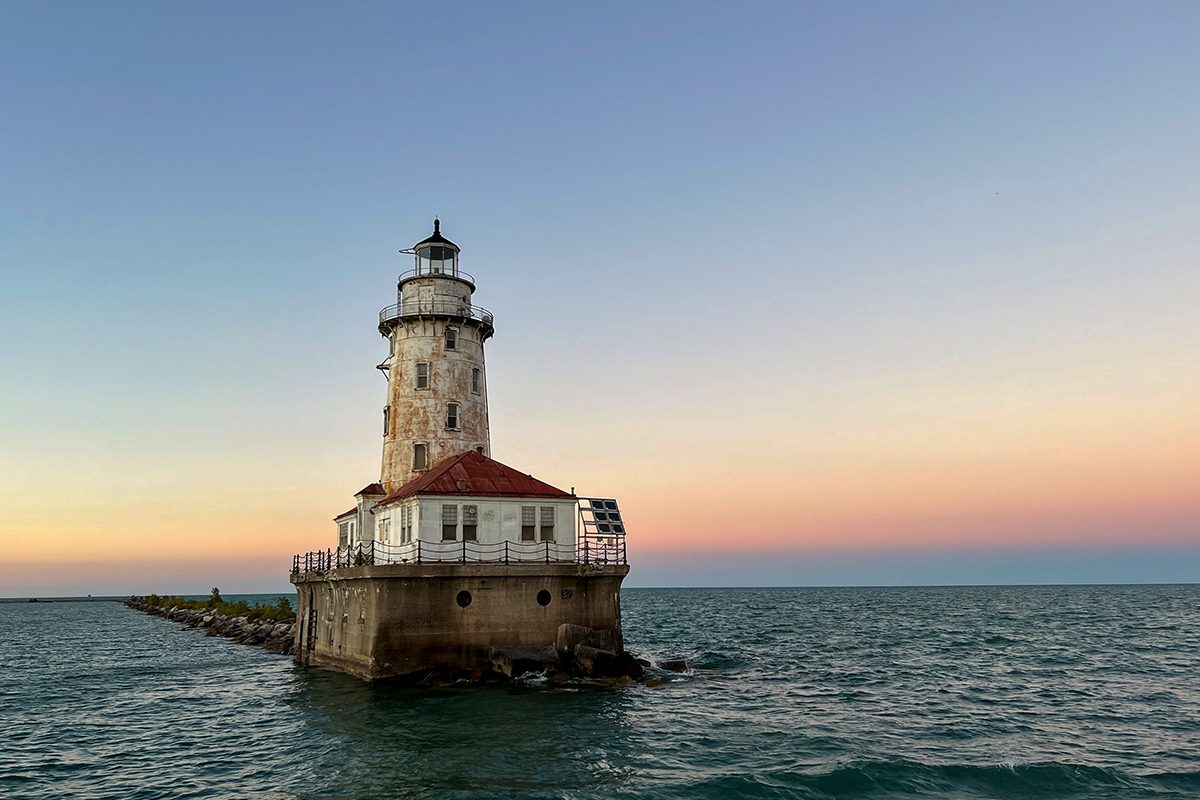 Lighthouse in a lake at dusk near Chicago