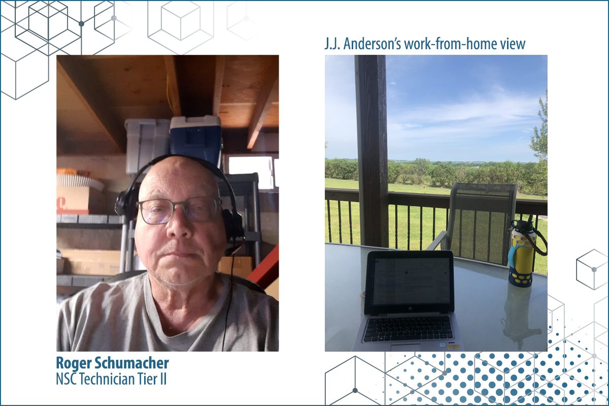 Roger Schumacher working from home and JJ Anderson's view of a luscious green back yard from his porch