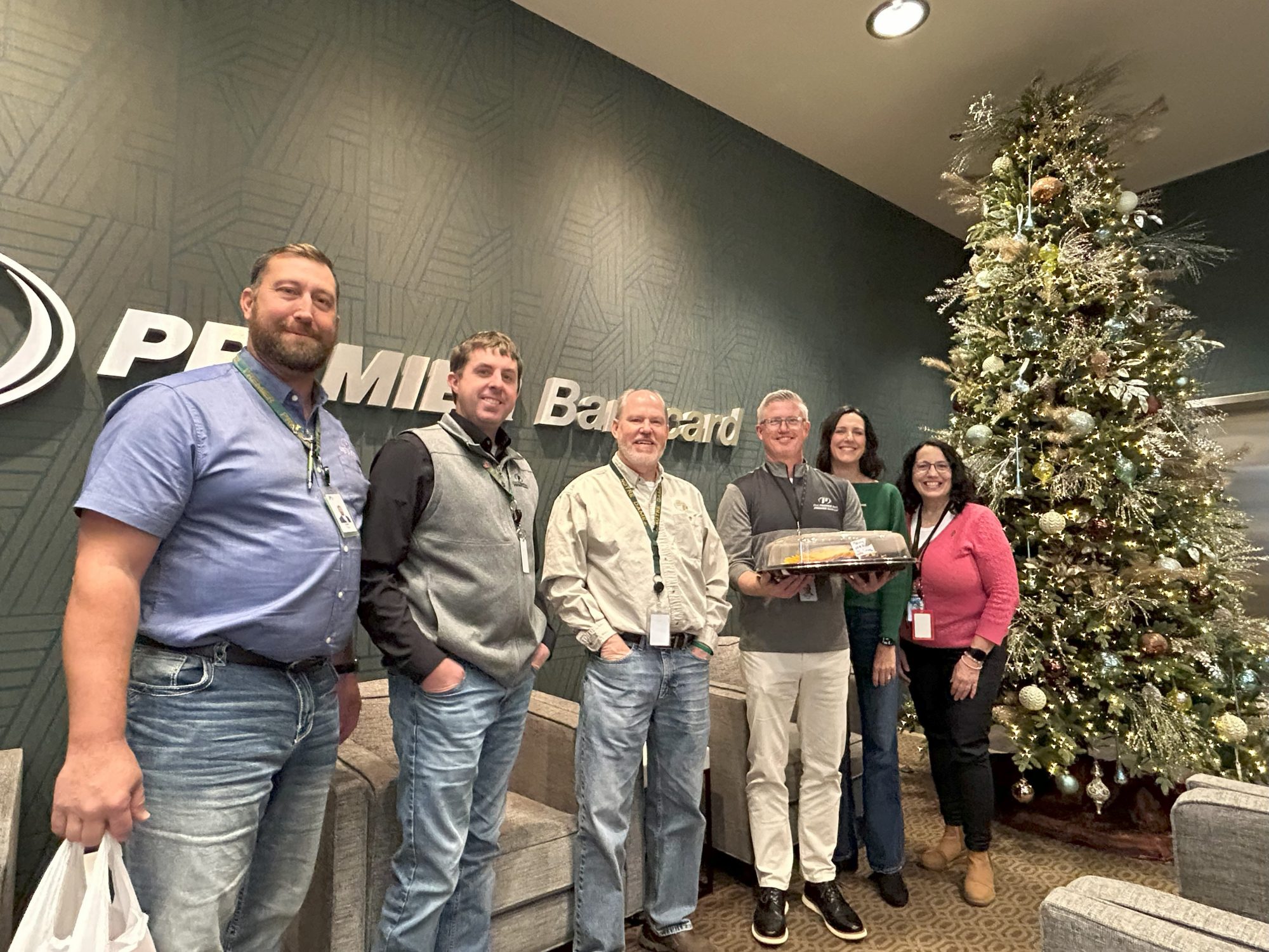 Team members from PREMIER Bankcard team members and SDN Communications team members stand in front of Christmas tree