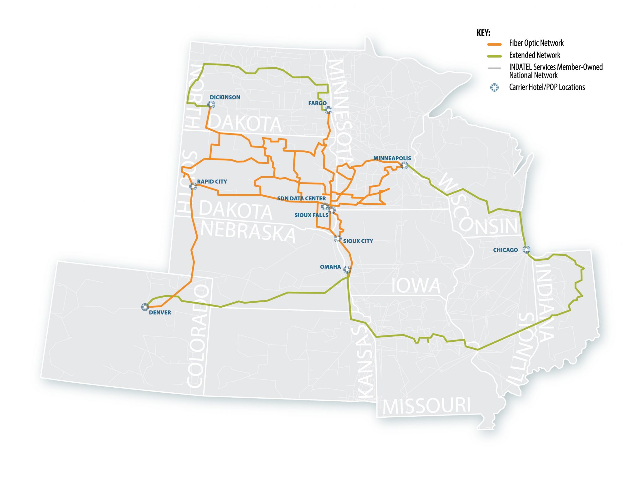 Map of the midwest with SDN's network wholesale partner connectivity options