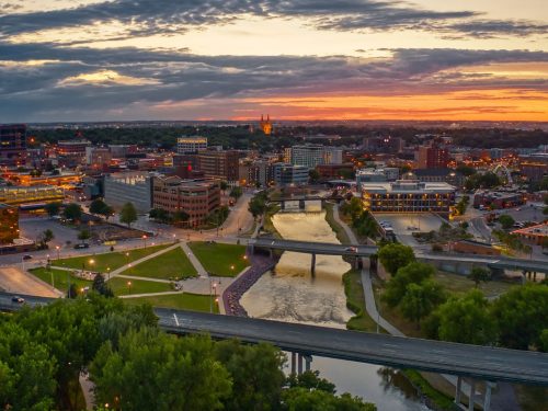 Aerial photo of downtown Sioux Falls at sunset